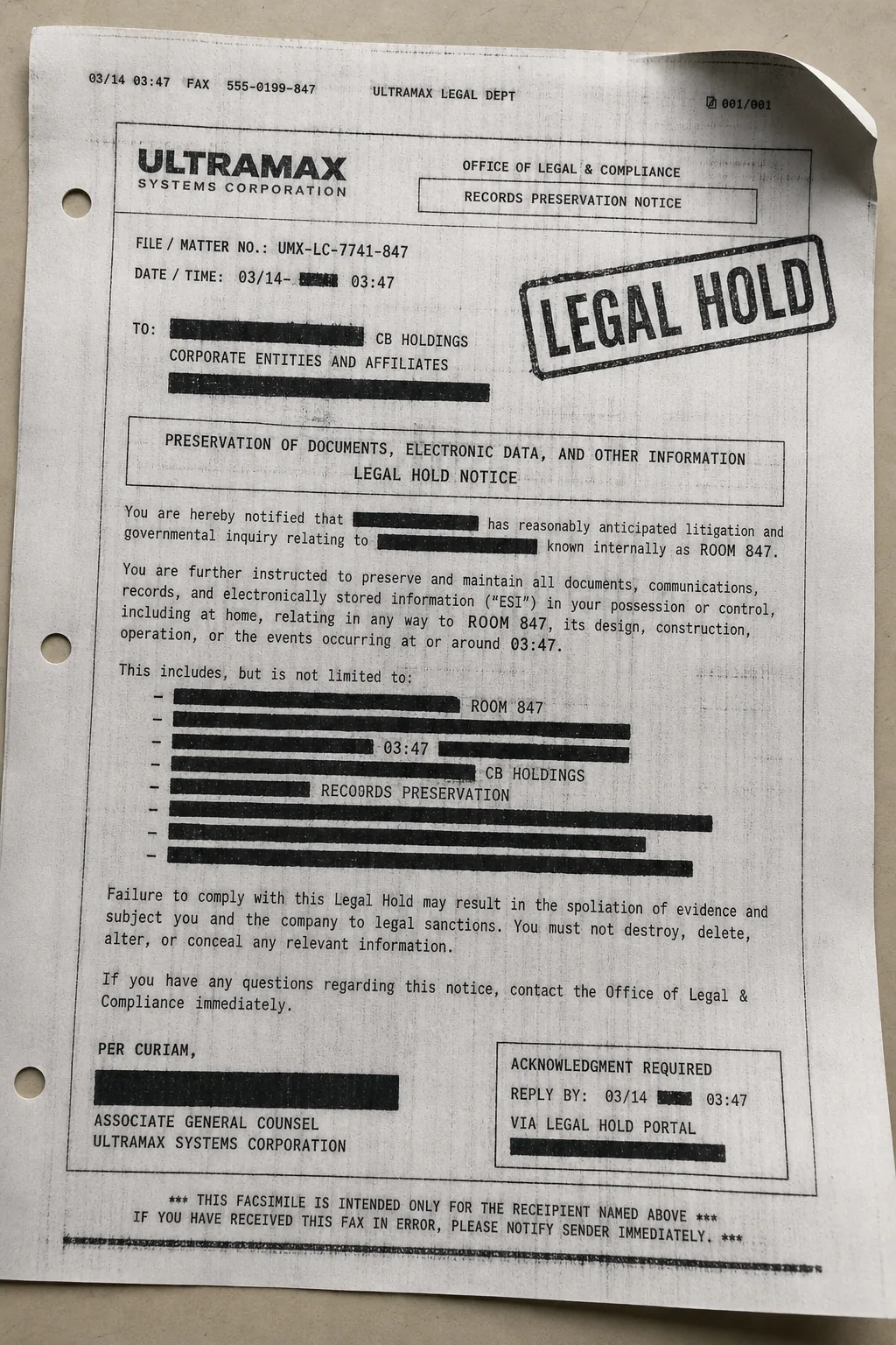 Recovered legal hold fax