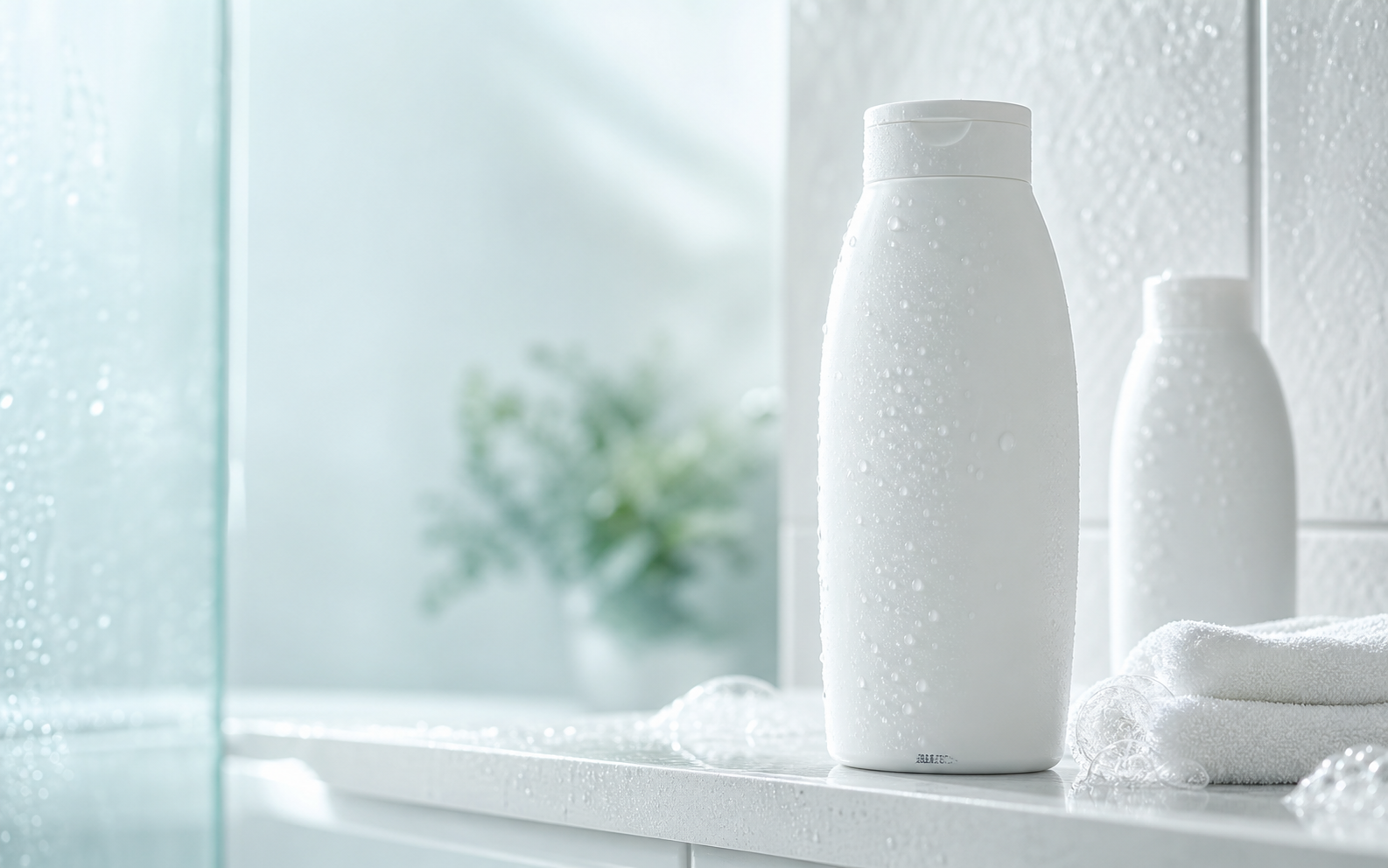 White Formula 15 body wash bottle on a clean shower ledge